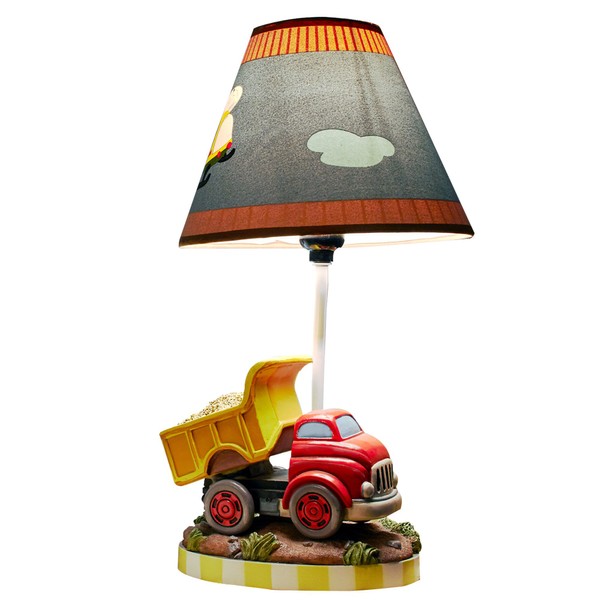Fantasy Fields Kids Small Table Lamp, Truck Lamp, Car Lamp for Boys Room with Construction Truck Base & Helicopter Printed Shade, Transportation Themed
