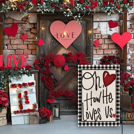 FUYUCHEN Valentines Day Garden Flag 12x18 Inch Double Sided Outside Buffalo Plaid Oh How He Loves Us for Rustic Holiday Outdoor Yard Decoration