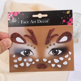 Reindeer Face Gem Sticker Cute ChristmasTemporary Tattoos Stickers Glitter Elk Face StickersDeer Eye Face Body Sticker for Makeup Coaaplay Cotume Decoration