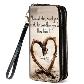 BWOOLL Quote Bible Verse Proverbs 4:23 Print Wallet for Women Large Capacity Wallet Credit Card Holder PU Leather Double Zipper Clutch Purse Phone Wallet