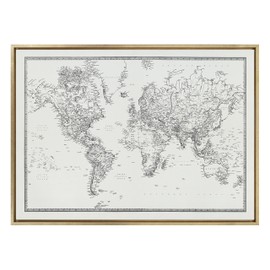 Kate and Laurel Sylvie Vintage Black and White World Map Framed Canvas Wall Art by The Creative Bunch Studio, 28x38 Gold, Modern Chic Map Wall Décor