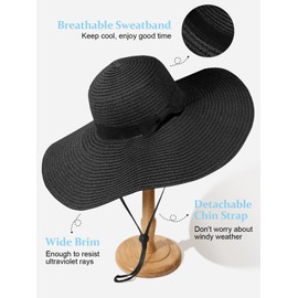 Womens Sun Hat UV Protection Wide Brim Beach Hat Floppy Foldable Roll-Up Straw Hats for Women UPF 50 Black
