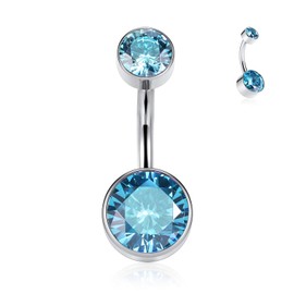 G23 Titanium Navel Ring Internally Threaded Belly Button Ring Belly Button Piericing 14G Navel Ring 3/8 inch (10mm) Belly Button Bar Curved Shape with Blue CZ Navel Jewellery Navel Piercing