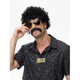 70s Mens Disco Outfits, 7Pcs Disco Costume Include Retro Shirt Bell Bottom Pants Wig Sunglasses Necklace Wig Cap