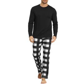 KUYIGO Mens Pajamas Set Long Sleeve 2 Piece Cosy Sleepwear Loungewear Relaxed Fit Nightwear PJs Sets, Black XL