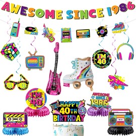 40th Birthday Decorations for Women Men - Awesome Since 1986 Banner Garland Hanging Swirls Honeycomb Centerpieces Balloons 1986 Birthday Decorations for 40 Years Old Party Decor