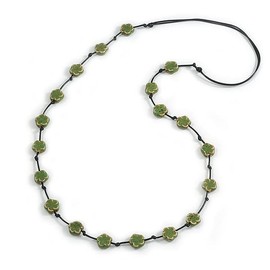 Avalaya Dusty Green Ceramic Flower Bead Black Silk Cord Long Necklace - 95cm Long