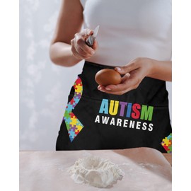 Toys Cartoon Autism Half Waist Apron with 3 Pockets for Waitress Waiter Server,Kitchen Bistro Restaurant Chef Cooking BBQ Apron,Colored Puzzle Pieces Fractal Hobby Leisure Activity Women Men Apron