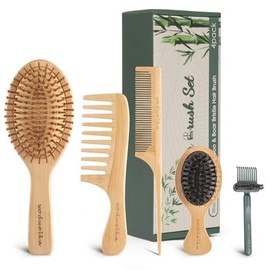Juego de cepillos de bambú para el cabello – Juego de peine de bambú para el crecimiento del cabello, cepillo desenredante de paleta, peine de dientes