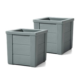 Step2 Lakewood Square Planter, Large Planters for Outdoor Plants, Gardening and Flower Pot for Patio or Porch, Efficient Drainage, Durable Plastic, Sage Gray, 2-Pack