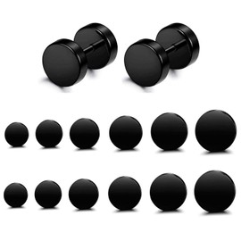 FIBO STEEL 6 Pairs Stainless Steel Black Stud Earrings for Men Women Faux Gauges Ear Tunnel Fake Gauge Earrings 3-8mm Black