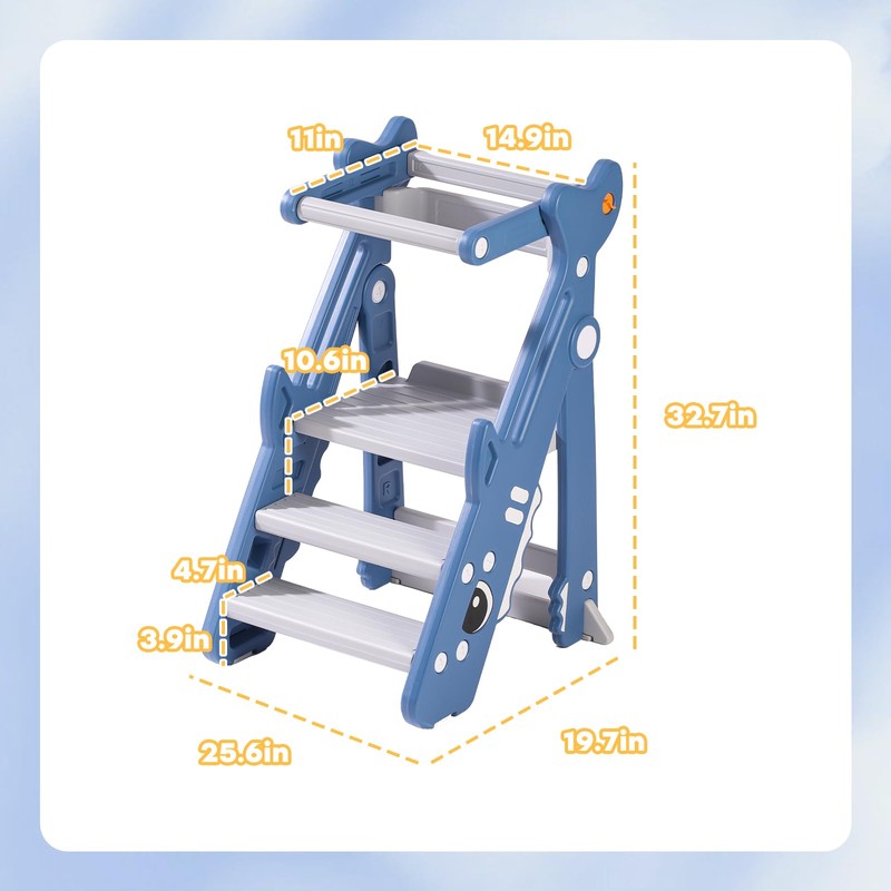 Dollate Foldable Adjustable Toddler Step Stool with Safety Rail, Anti-Slip
