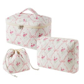 RSRSLEII 3Pcs Aesthetic Cotton Quilted Drawstring Makeup Bag Set, Aesthetic Cute Bow Makeup Pouch for Girls and Women, Aesthetic Travel Organized Cosmetic Bags for Purse(02Pink Flower Bow)