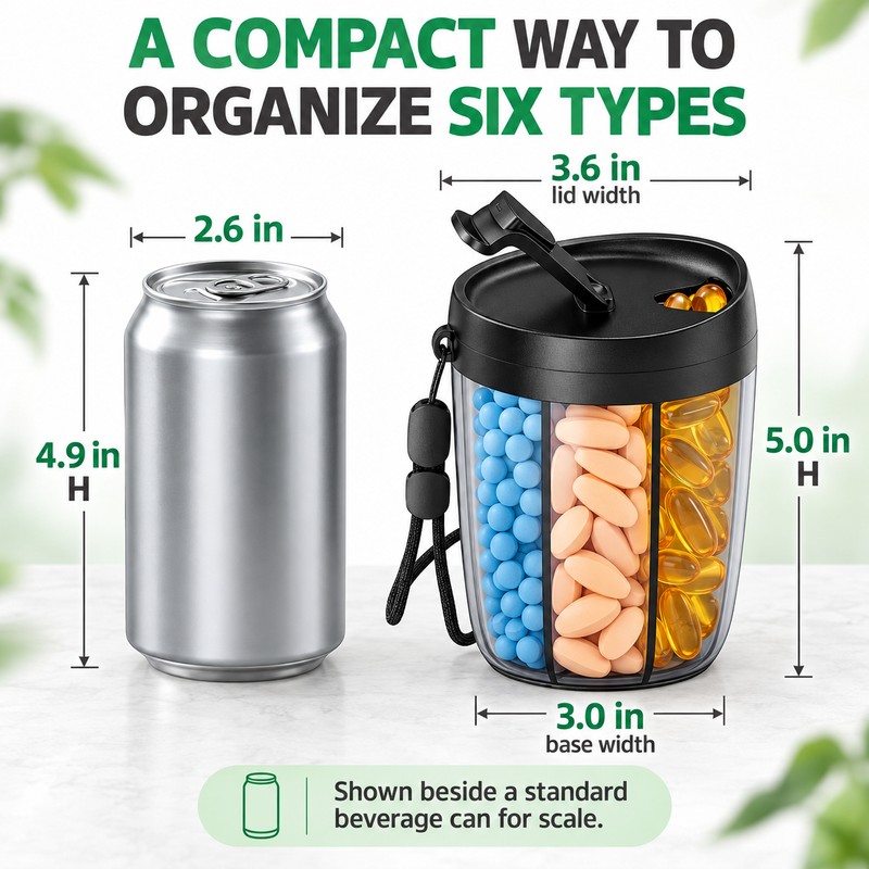 6 Compartment Pill Organizer with Rotating Lid Large Capacity Portable