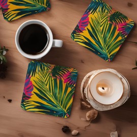 Tropical Leaf Coaster Set, Exotic Floral Art 9cm Glossy Wood Drinks Mat Gifts