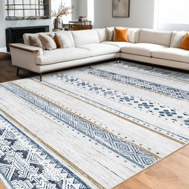 BESTSWEETIE 8x10 Area Rug for Living Room Washable Rug Moroccan Farmhouse Neutral Geometric Soft Low Pile Non-Slip Water Repellent Rug for Dining Room Bedroom Blue/Brown
