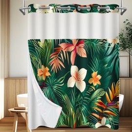 Wyljljy No Hook Shower Curtain, Tropical Green Plant Shower Curtain with Snap in Liner, Waterproof, Palm Floral Leaf, Nature Fabric Bath Curtains for Bathroom, 71"X74"