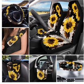 Dreaweet Car Seat Covers Full Set for Women Brown Cow Print and Sunflower Car Accessories - Steering Wheel Cover Seat Belt Pads Car Coasters Trash Bag Air Vent Pouch Rearview Mirror Cover Keychain