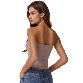 QINSEN Foldover Tube Tops for Women Off Shoulder Strapless Crop Tops Going Out Bustier Tops Rose Taupe L