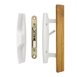 Lanai Sliding Glass Door Handle and Mortise Lock Set with Oak Wood Pull in White Finish, Standard 3-15/16” CTC Screw Holes, 1-3/4" Door Thickness