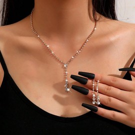 Inateannal Crystal Bridal Necklace Earrings Set Rhinestone Y Lariat Necklace Crystal Tassel Drop Earrings Gold Tennis Choker Necklace Bridal Jewellery Cubic Zirconia Necklace Wedding Prom Costume,