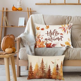 Bonhause Autumn Cushion Covers 30 x 50 cm Fall Leaves Trees Forest Polyester Linen Decorative Throw Pillow Covers for Sofa Bed Home Outdoor Decor Set of 2