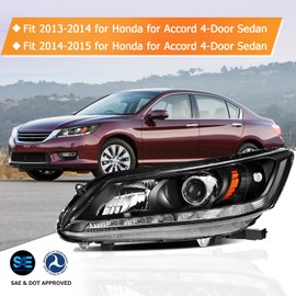 LBRST Headlight Assembly with Project for Honda for Accord Sedan 4-Door 2013-2015 Black Housing Amber Reflector Clear Lens Driver and Passenger Side Headlamp
