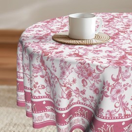 Imiss Pink Floral Round Tablecloth 60 Inch Vintage Floral Tablecloth Washable Round Waterproof Cloth Table Covers Chinoiserie Floral Tabletop Cover for Birthday Wedding Picnic Party Decoration