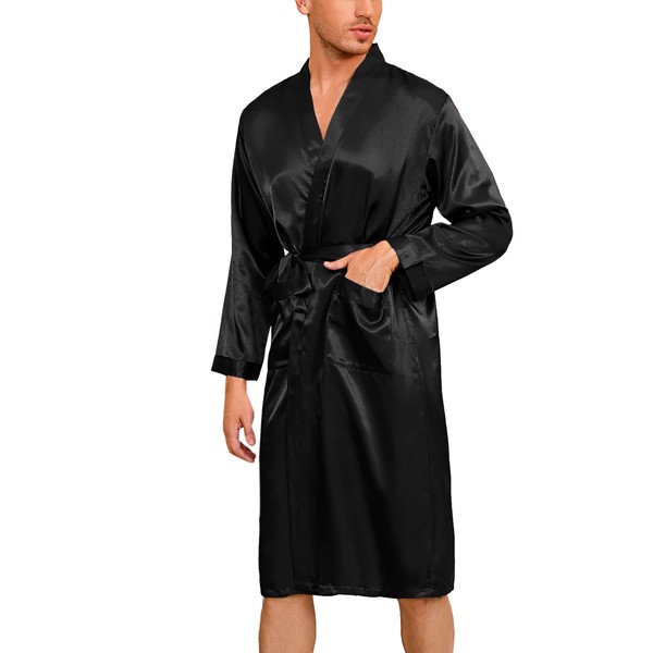 Irdcomps Men's Satin Robe Kimono Dressing Gown Long Bathrobe Lightweight