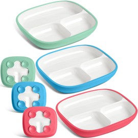 Domensi 3 Set Kids Porcelain Plates with Silicone Sleeves 8.2 Inch Divided Porcelain Plate Toddler White Suction Dishes for Baby Troubleless Eating Microwave Dishwasher Safe (Bright)