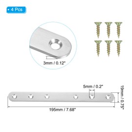 PATIKIL Stainless Steel Corner Blacket 195 x 19mm / 7.68 x 0.75 inch Set of 4 Right Angle Support Brackets Right Angle Support Brackets with Right Angle Corner Fasteners with Shelf Screws, Silver