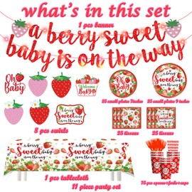 177 Pcs Strawberry Baby Shower Decorations, Berry Sweet Baby Shower Decorations A Berry Sweet Baby is on the Way Banner Tableware Hanging Swirls, Berry Sweet Baby Shower Strawberry Baby Shower Girl