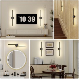 Battery Operated Wall Sconces with Remote Control, Dimmable Black Wall Sconces Set of Two with Rotatable Lamppost, 3000K-6500K LED Modern Wireless Wall Lights for Living Room, Bedroom, 28.15 Inch