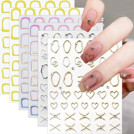 6Pcs French Strip Line Nail Stickers 3D Self-Adhesive Luxury Coil Nail Art Stickers with Diamond Gold Silver Stripes Swirl Nail Design Nails Charms Sticker for Women Nails Decorations Accessories