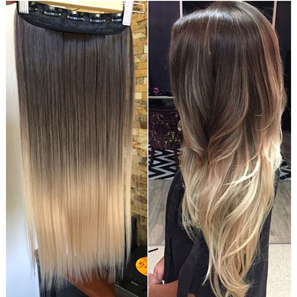 DevaLook Hair Extensions 22" Thick One Piece Straight Half Head Ombre Clip in Hair Extensions (22" Straight = 120g, Dark brown/sandy blonde)