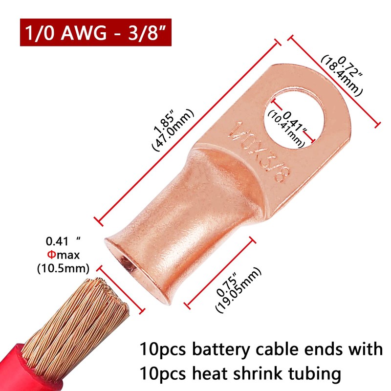 TKDMR 10pcs 1/0 AWG-3/8 Battery Lugs,Heavy Duty Wire Lugs,Ring Terminals,Battery