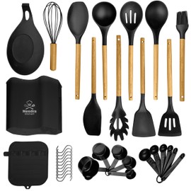 Nesdra Kitchen 33 Pcs Silicone Kitchen Utensils Set With Holder Heat Resistant Cooking Utensils Set For Nonstick Cookware Wooden Handle Kitchen Gadgets Black Kitchen Utensils Set With Measuring Spoons