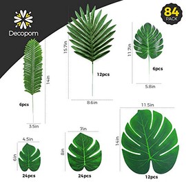Decopom Hojas de palma artificiales tropicales, 84 unidades, 6 tipos, hojas de palma falsas verdes grandes con tallos para safari, selva, hawaiano, luau, fiesta, decoración de mesa, boda, cumpleaños, fiesta temática