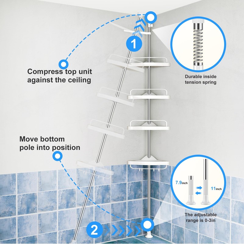 HAMITOR Corner Shower Caddy Tension Pole: Adjustable Stainless Steel Shower