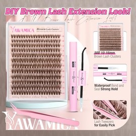 Kit de racimos de pestañas marrones Yawamica, kit de extensión de pestañas esponjosas, 10-16mm, racimos de pestañas finas, racimos de pestañas rizadas