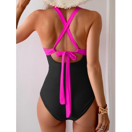 Eomenie One Piece Swimsuit for Women Tummy Control Mesh High Waisted Bathing Suit Wrap Tie Back Swimwear Hot Pink Black