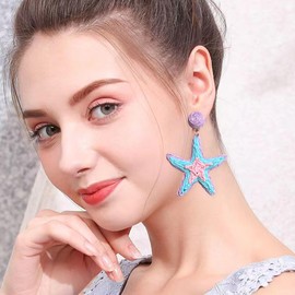 Anmpab Boho Raffia Starfish Earrings Raffia Straw Wrapped Starfish Drop Dangle Earrings Summer Tropical Beach Jewelry (Violet)