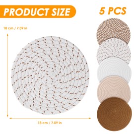 OUZHOU Round Woven Placemats Set of 5,Drink Coasters Heat Resistant and Washable Non-Slip, Table Mats Round Placemats for Kitchen Dinner Coffee Table Protection Coasters