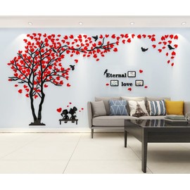 3D Tree Wall Stickers DIY Tree Bird Wall Decal Large Family Photo Frames Art Murals Tree Sticker for Living Room Bedroom Restaurant Home Decor(Red Left,M:130 * 250cm)