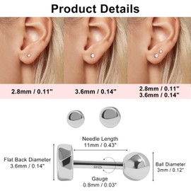 Ball Screw Back Earrings 925 Sterling Silver Studs Safety Ball Back Sleep-On Stud Earrings for Men Women Unisex Hypoallergenic, 2.8mm Circle, Rose Gold