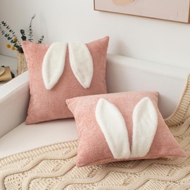 UGASA Easter Dimensional Rabbit Ears Pillow Cover 18x18 Inch Set of 1 Soft Luxury Chenille Cute Bunny Ears Decor Pillowcases for Happy Easter Spring Sofa Couch Chair Bedroom, Light Pink