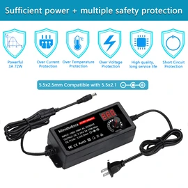 72W Power Supply Adjustable DC 3V ~ 24V Variable Universal Switching AC/DC Adapter Minidodoca AC to DC Converter with LED Voltage Display and 13 Tips, for 3V to 24V Household Electronics - 3000mA Max