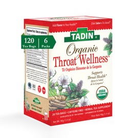 Tadin Organic Throat Wellness Tea, Herbal Tea, Caffeine Free Tea, Organic Tea for Throat Relief, Calming Tea, 20 Tea Bags Per Box, Pack of 6