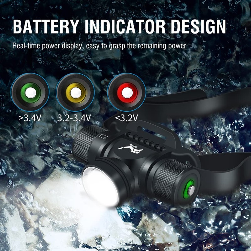 WINDFIRE Luce Frontale subacqueo, 5000 Lumens, 5 Modalità, IPX8 Impermeabile,