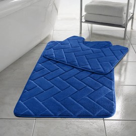 Soodie&Zuzu's Memory Foam Bath Mat 2 Piece Set Blocks Pattern Non Slip Toilet Bathroom Mats Soft Absorbent Washable Bath Mats for Bathrooms Pedestal 50X50 CM & Bath Mat 50X80 CM (Blue)